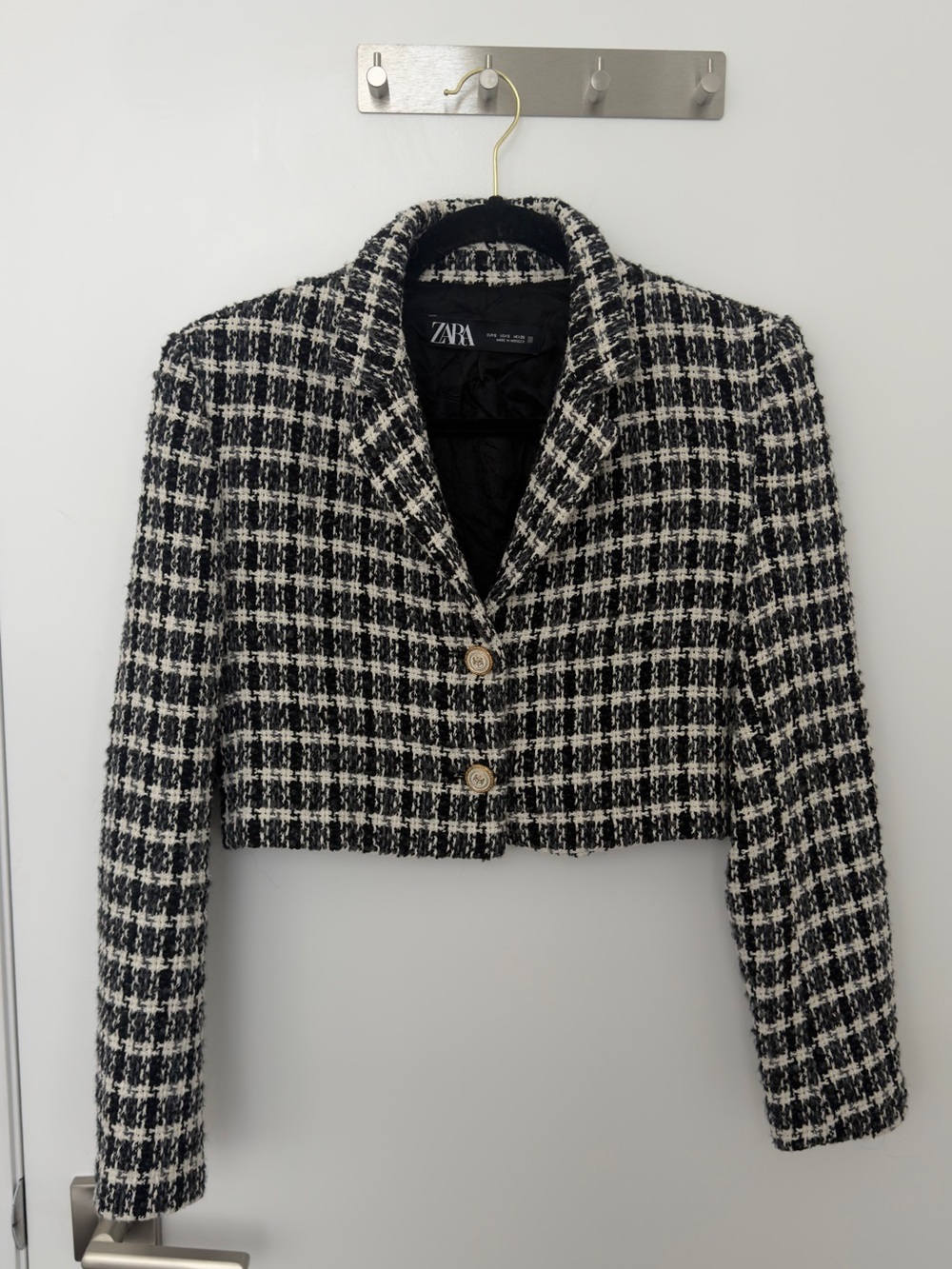 Zara Black & White Tweed Cropped Blazer SMALL